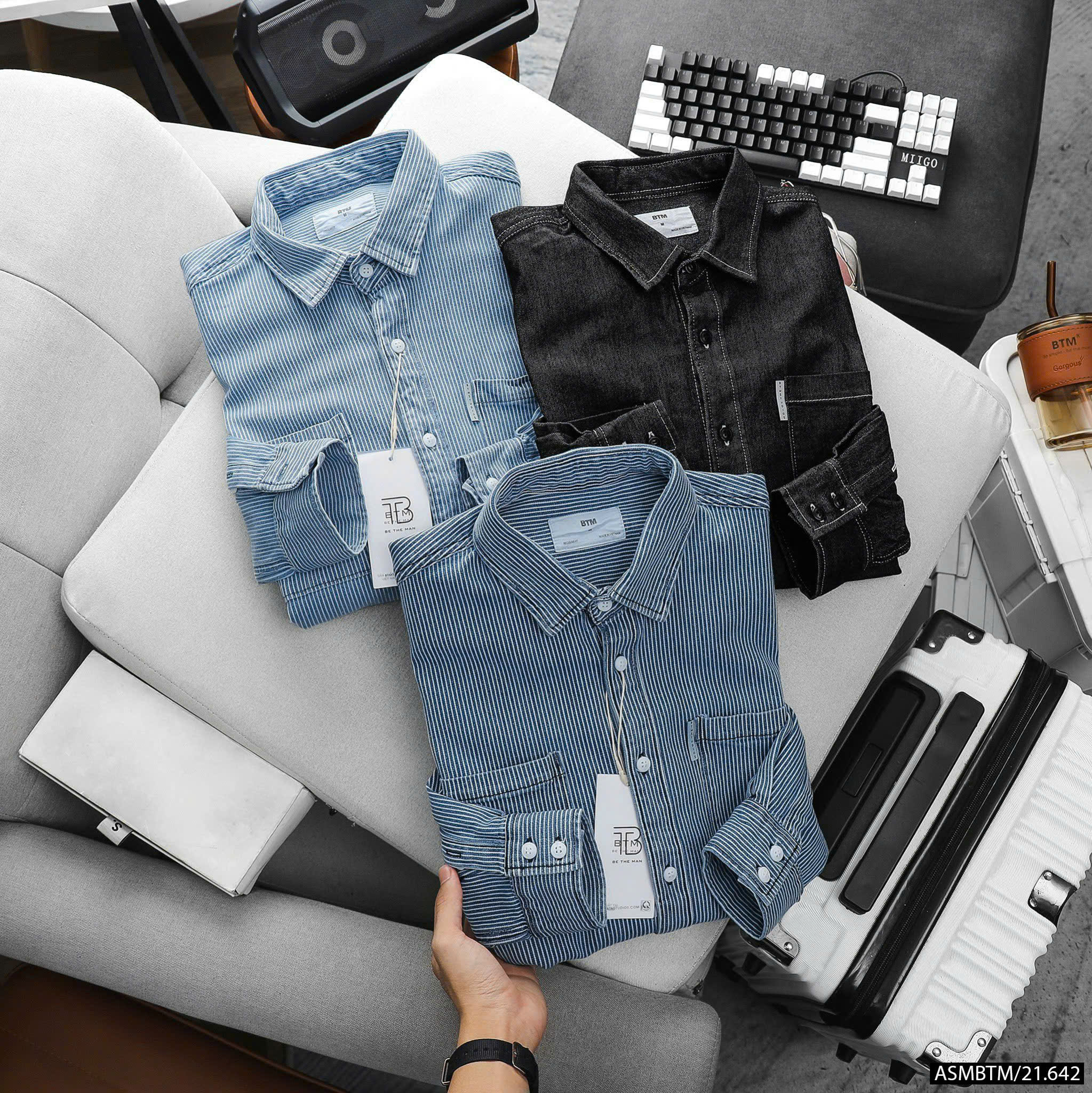 Áo sơ mi vải denim dày dặn wash